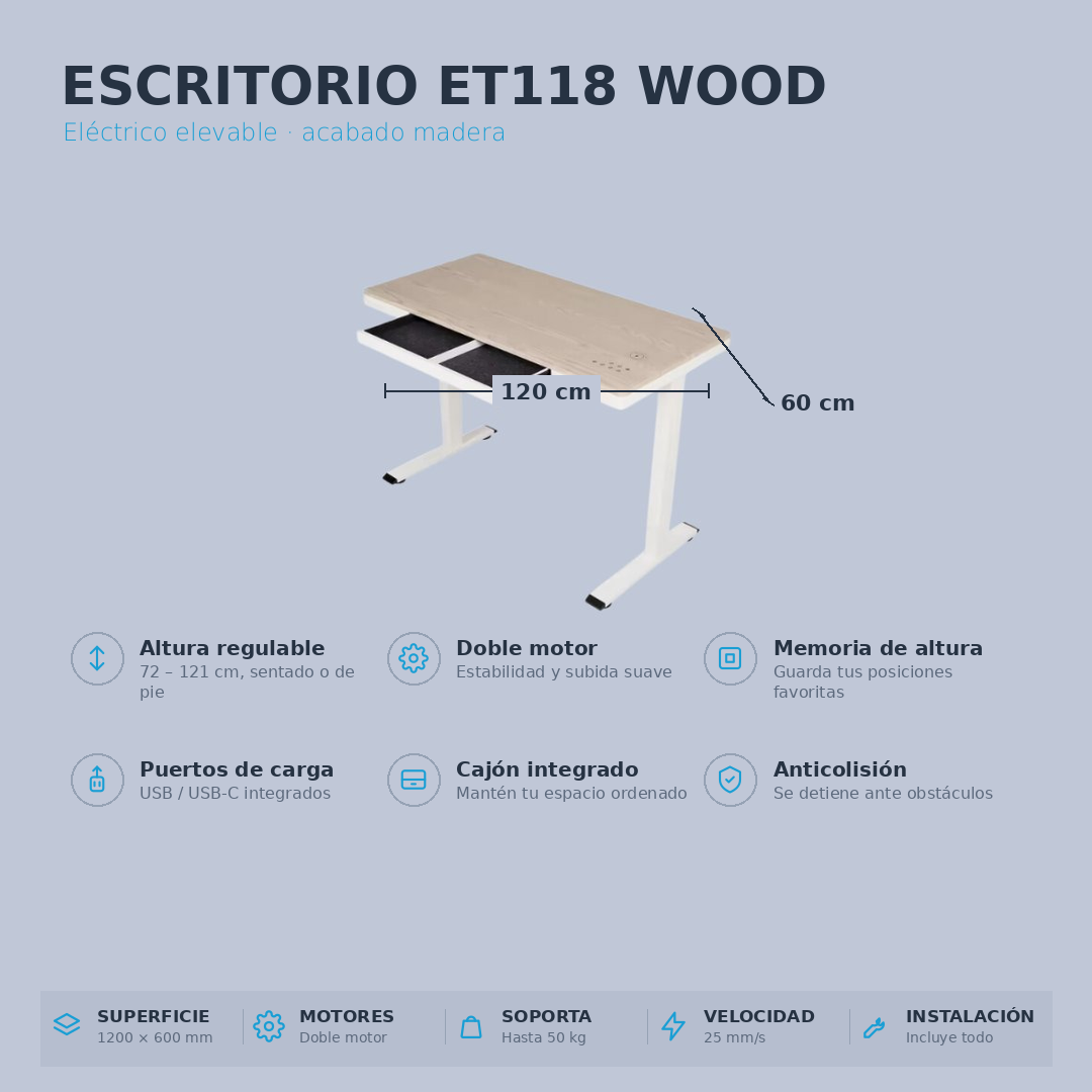 Escritorio Eléctrico Elevable ET118 Wood