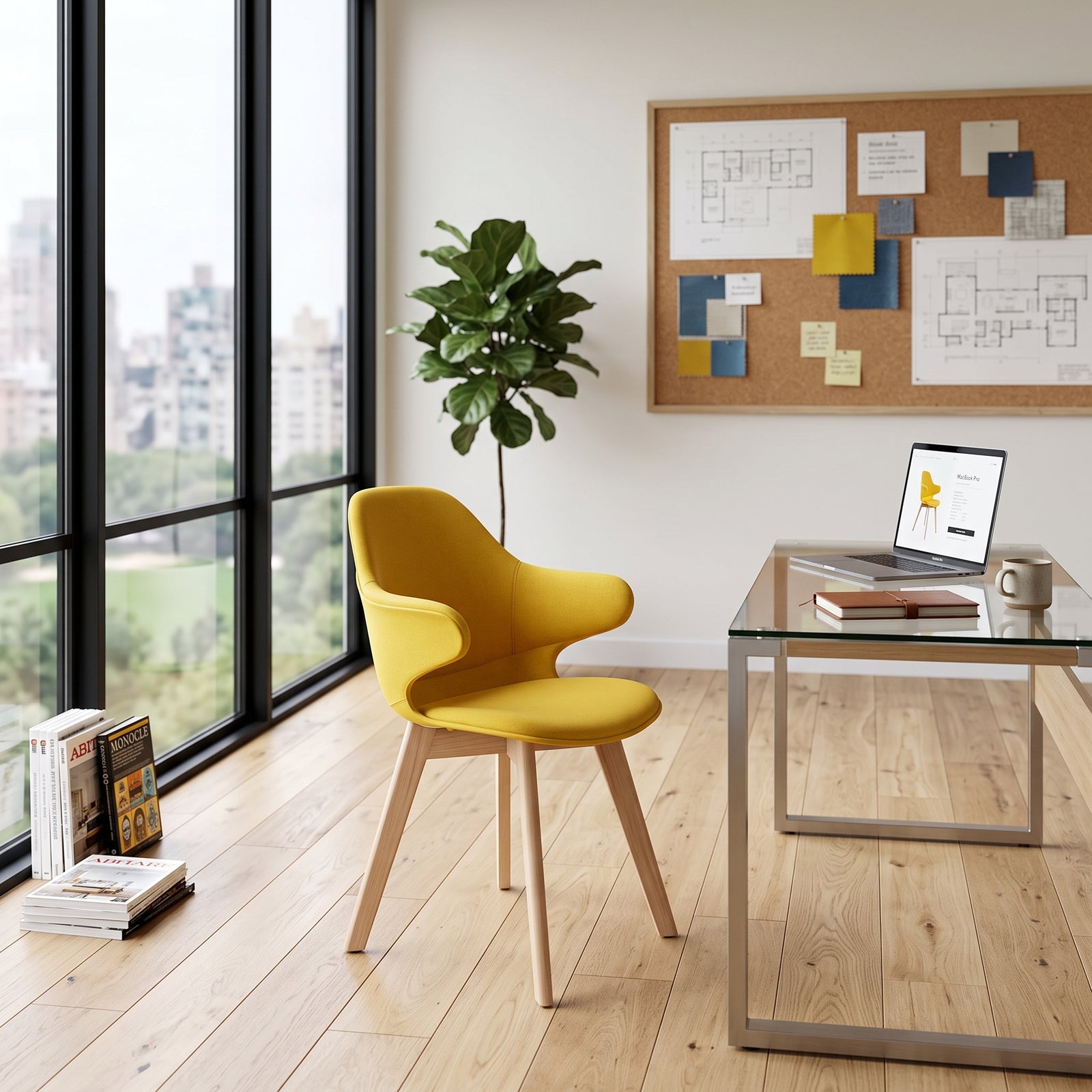 Silla Ibiza pata madera en amarillo mostaza en espacio de trabajo