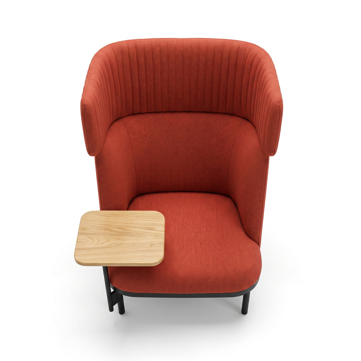 Sillón Madrid alto rojo con mesa de madera, vista frontal