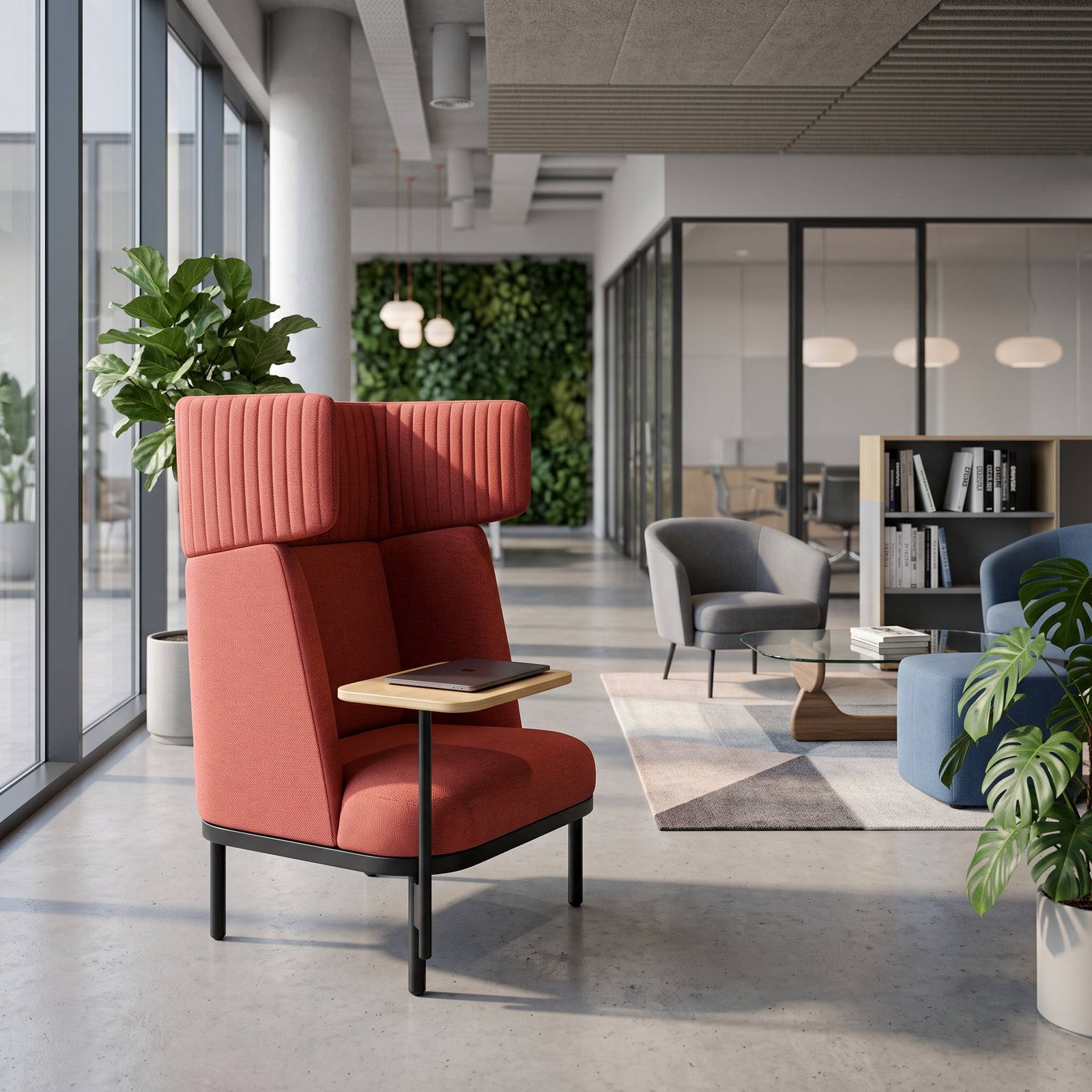 Sillón Madrid alto rojo con mesa de madera en espacio de oficina