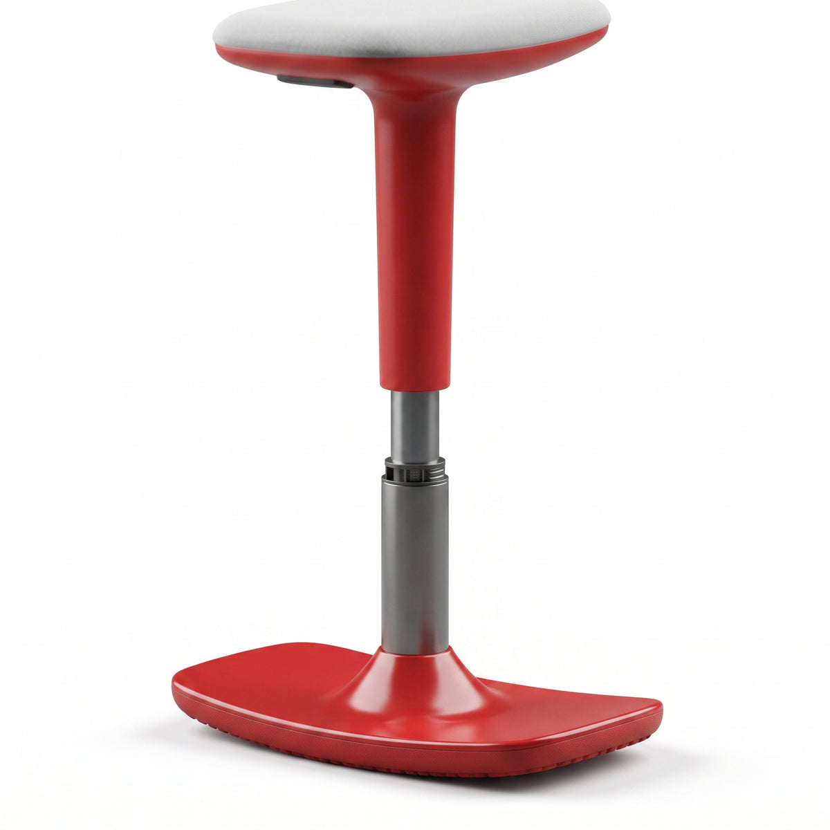 Taburete Leo regulable con base roja y asiento gris, vista frontal