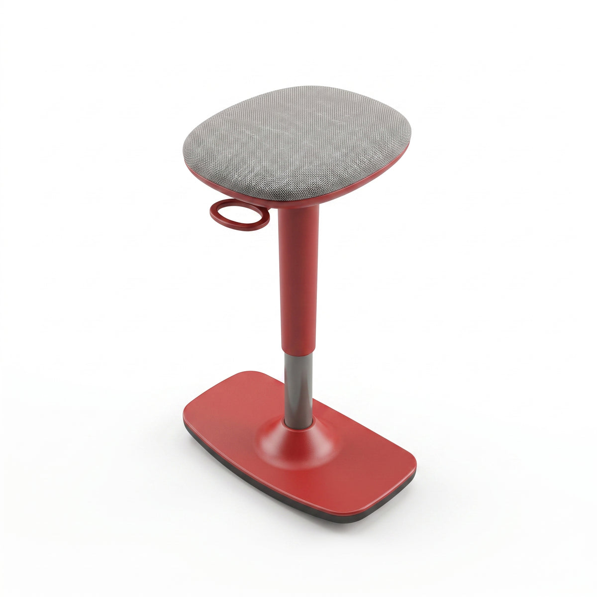 Taburete Leo regulable con base roja y asiento gris, vista frontal en tres cuartos